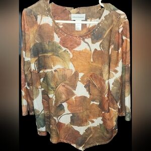 Alfred Dunner Rust Green Brown Leaf-Print Scoop Neck Top